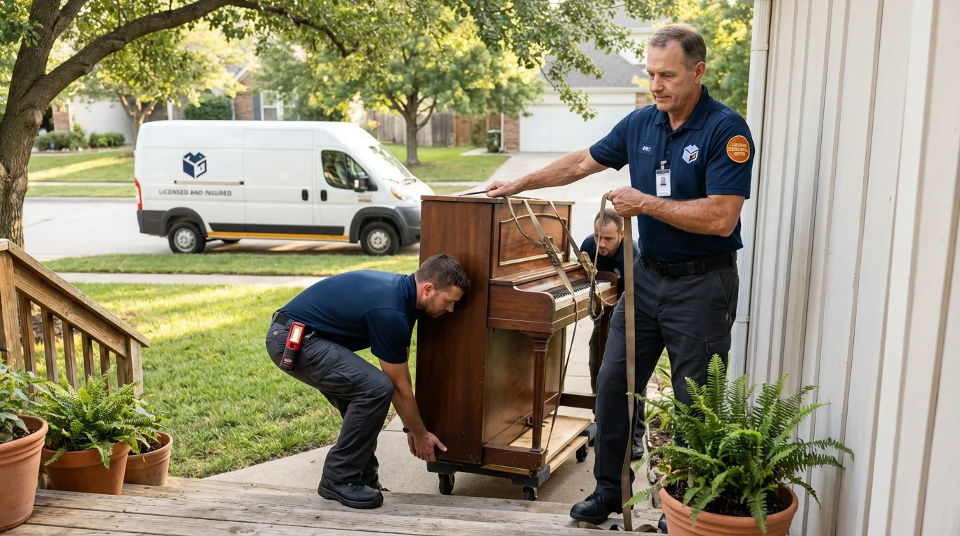 Licensed piano movers securing grand piano in Riverside, AL