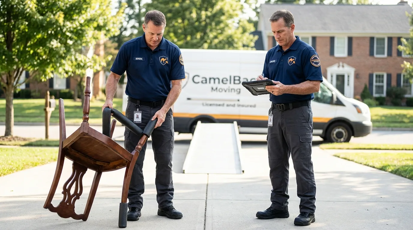 Movers inspecting furniture for damage prevention before loading in Riverside, AL