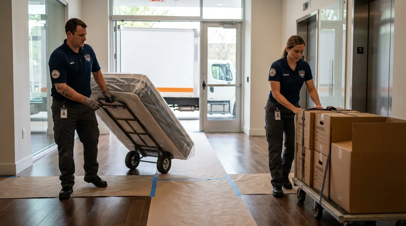 Professional apartment movers loading elevator in Riverside, AL