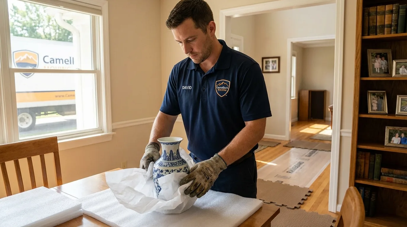 Professional crew carefully wrapping antique vase for senior downsizing move in Riverside, AL